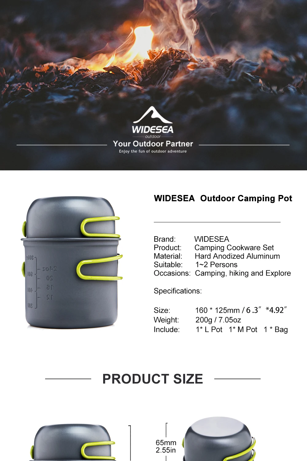 Widesea Ultraleichtes Camping-Kochgeschirr-Set für 1-2 Personen Harteloxiertes Aluminium Tragbarer Doppeltopf mit Klappgriff und Netzbeutel – Detail 1
