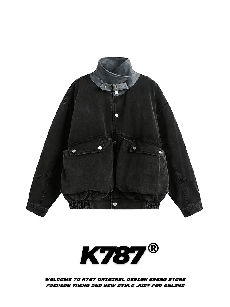 

K787 American Retro Waed Denim Jaet ort Stand Collar Men's Street Sle Couple's Outerwear Cotton Polyester Blend