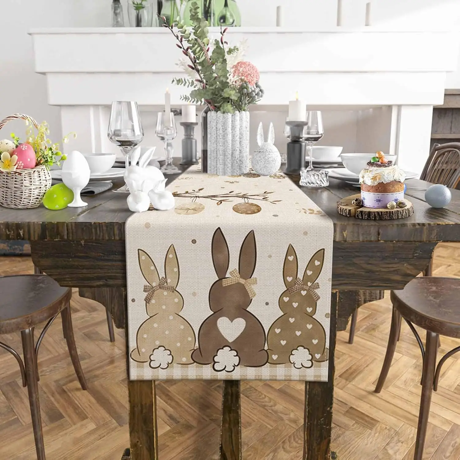 Spring Easter Bunny Eggs Linen Table Runner Holiday Party Decor Washable Farmhouse Kitchen Dining Table Runner Easter Decoration
