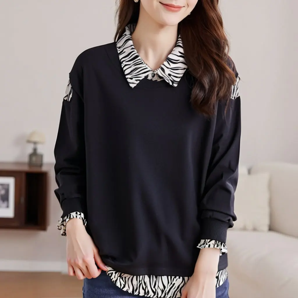 

Женский свободный свитшот для похудения больших размеров, 60-175 кг, модный топ в корейском стиле, искусственный комплект из двух предметов, весенне-осенняя коллекция