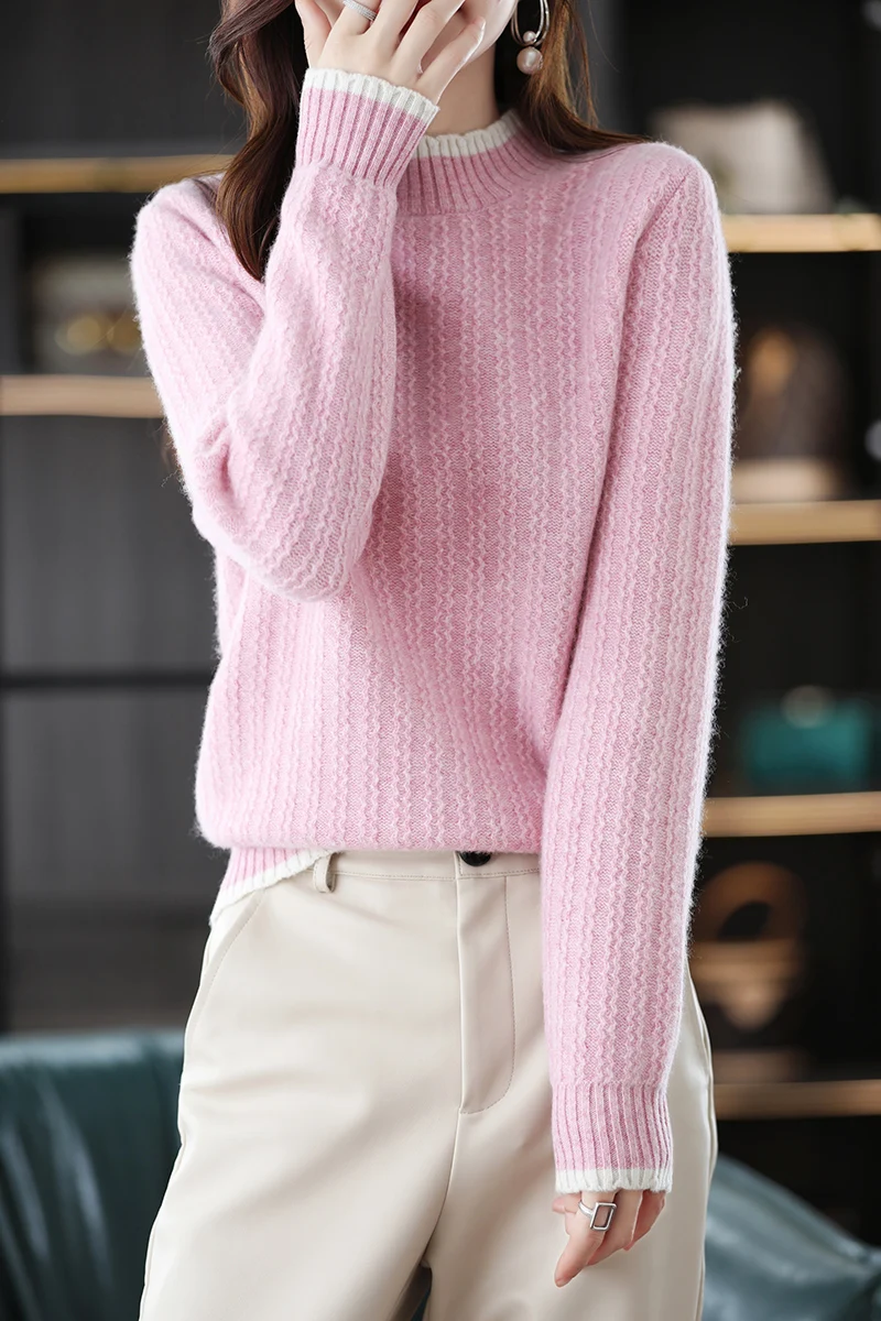 Basic Autumn Winter Women Solid Color 100% Merino Wool Sweater O-Neck Cashmere Pullover Long Sleeves Classic Fashion Top