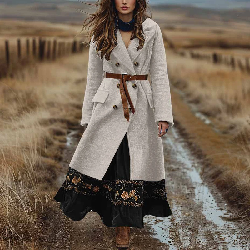 Boho Double Breasted Fall Winter Woolen Jacket Woman Sexy Turn-down Collar Solid Long Coat Cardigan Casual Long Sleeve Outerwear