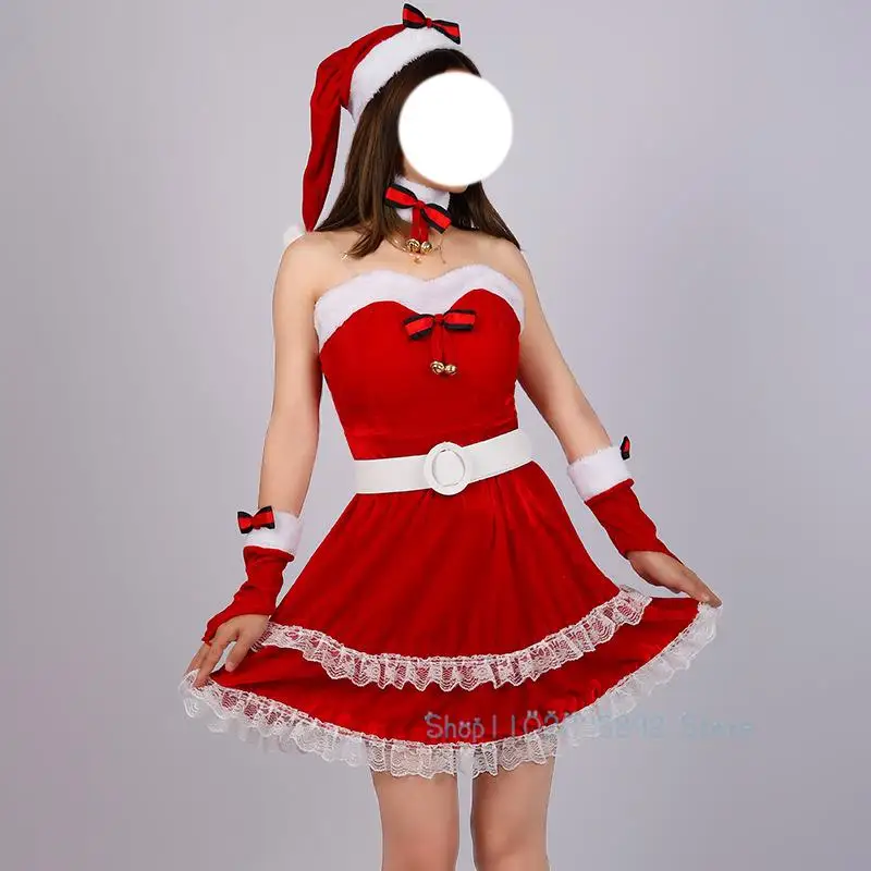 

Christmas Women Corset Dresses Hats Performance Santa Costume Red Velvet XMAS New Year Christmas Party Cosplay Girl Fancy Dress