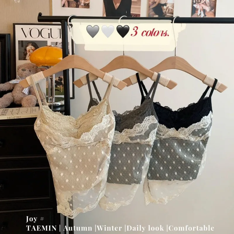 Vintage Polka Dot Fashion Lace Backless Cami Bodysuit for Women Mock Layered Padded Bra Top Slimming See Through Clubwear Outfit