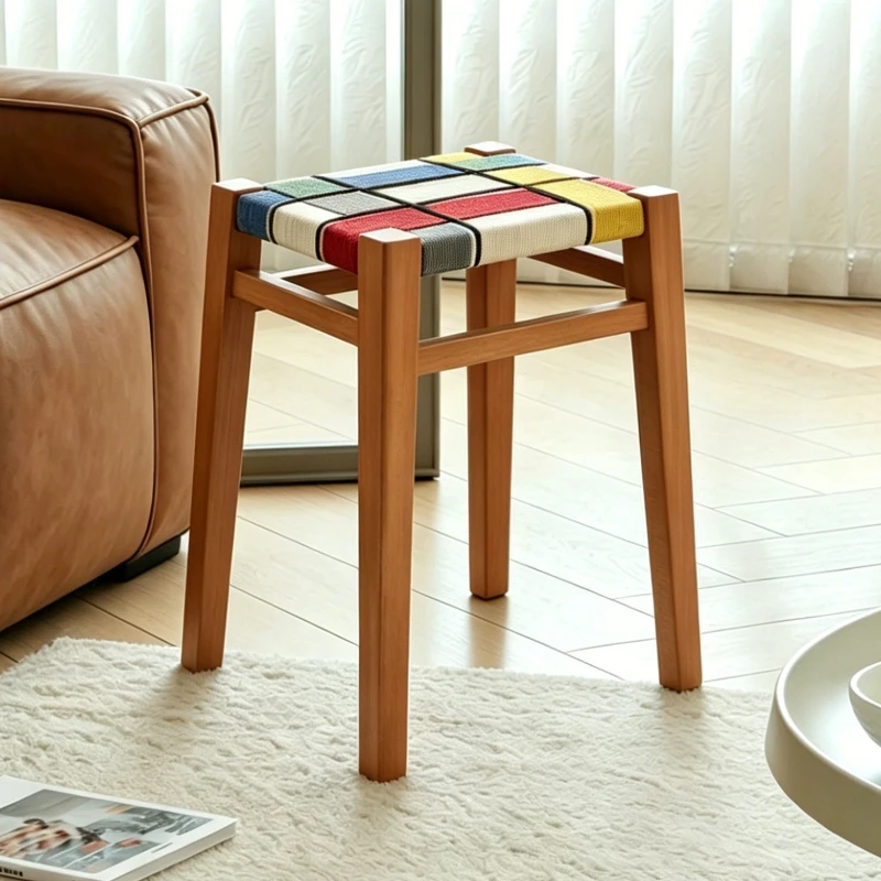 Wooden Shoe Changing Stool Retro Woven Makeup Chair Living Room Decorative Dresser Stools Portable Lounges Small Bench Furniture
