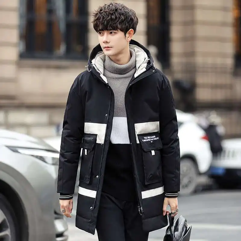 

Winter White Du down Casual Jaet Men's Mid-Length Thiened Youth Faion Pure Color ket Detail Duling down Coat