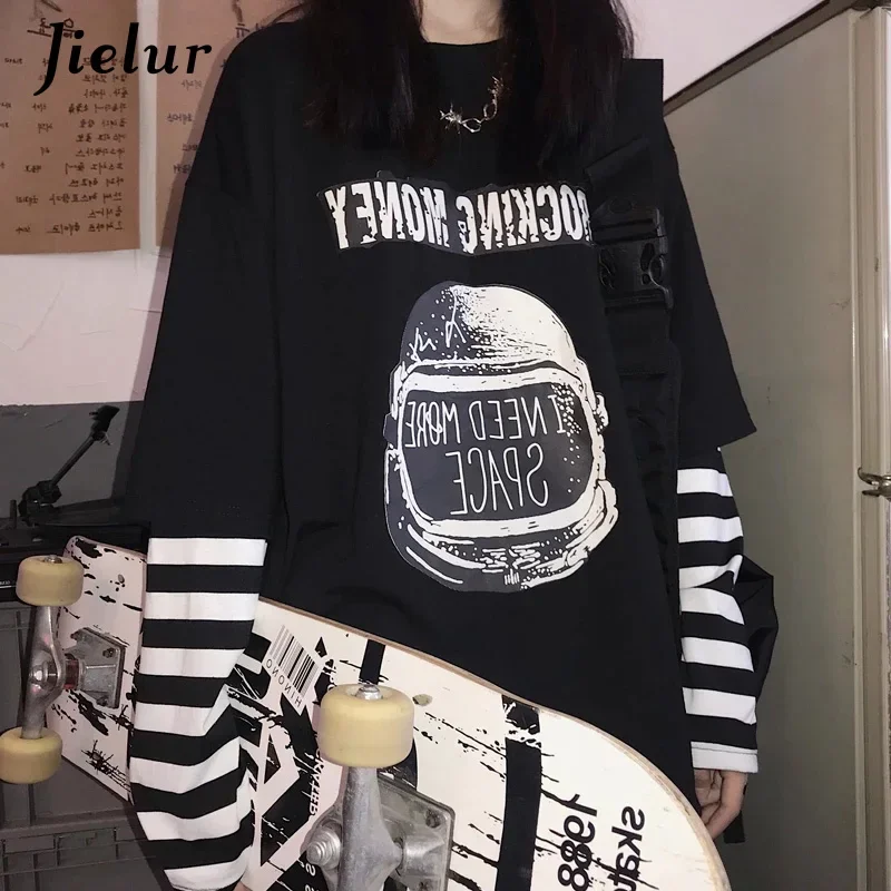 Jielur Spring Fake Two Pieces Tshirt Casual Letter Printed O-Neck Stripe Tees Patchwork M-XXL Size T-Shirts Women Long Sleeve