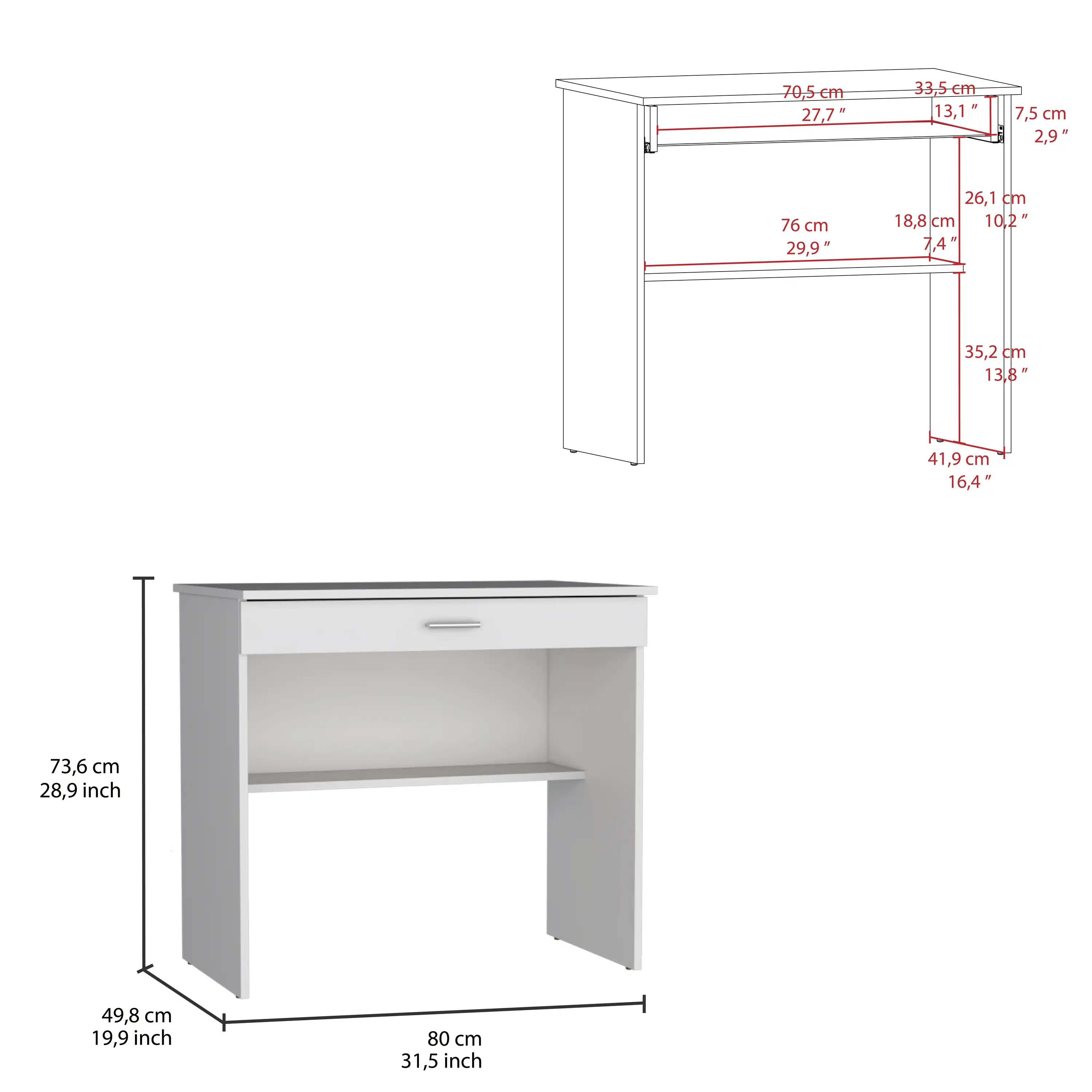 80 C Writting Desk, Compact Workstation with Drawer and Lower Shelf White