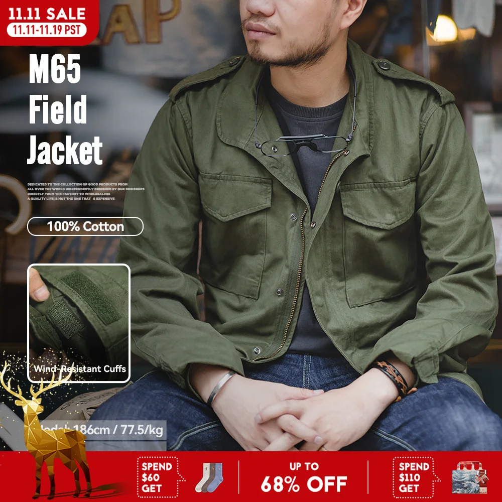 

Maden Military M65 Field Jackets For Men's Green Vintage Army Jacket Casual Windbreaker Solid Lapel Collar with Pockets Overcoat