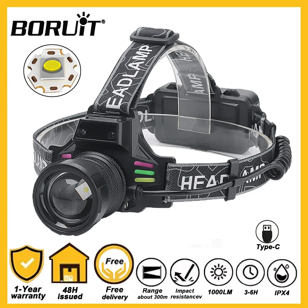 

Мощный светодиодный налобный фонарь BORUiT с зумом, водонепроницаемый, с датчиком движения, перезаряжаемый через Type-C, для рыбалки и кемпинга на открытом воздухе