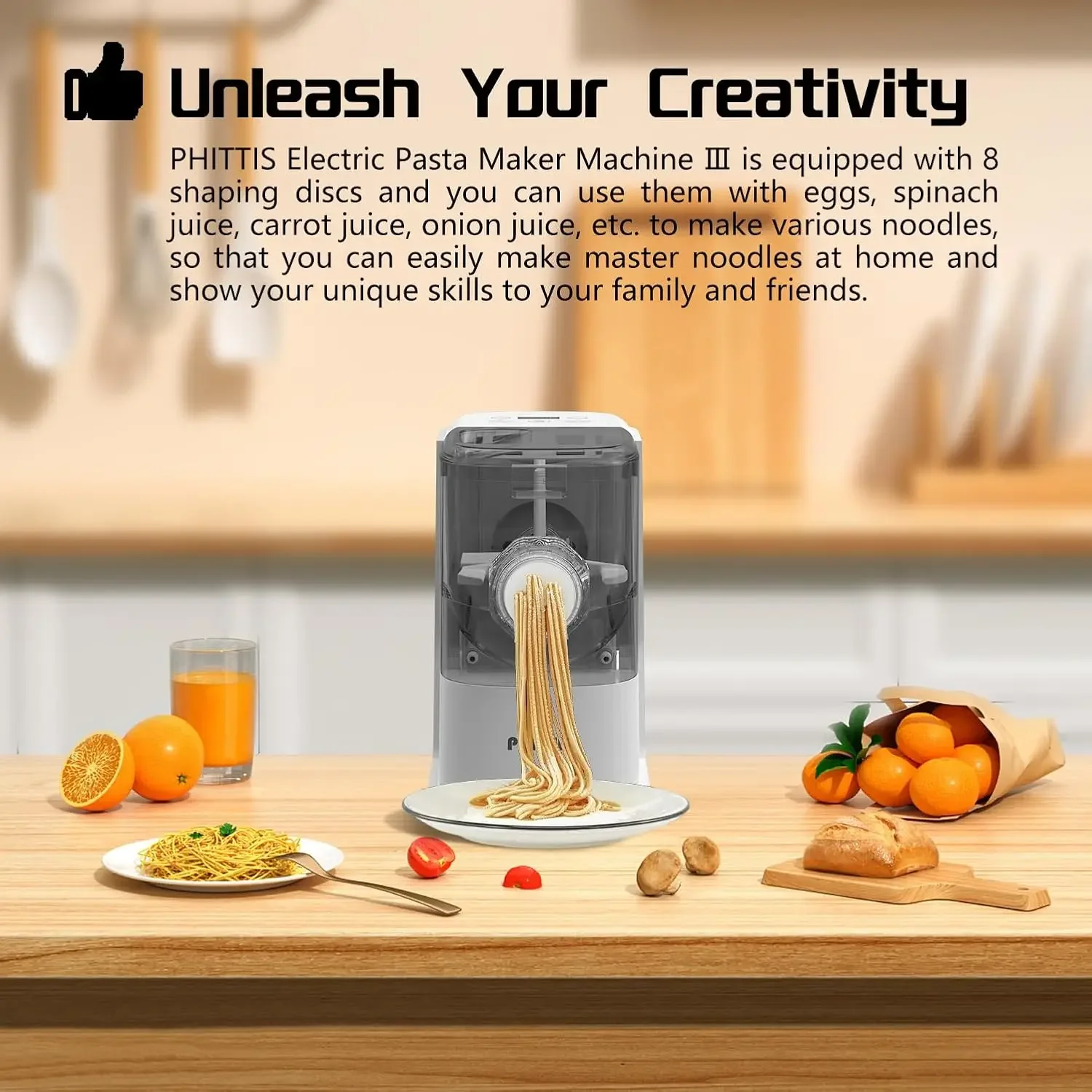 Electric Pasta Machine, Automatic Pasta Maker Machine Electric with 8 Discs for Spaghetti & Fettucine and More, Easy-to-Clean No
