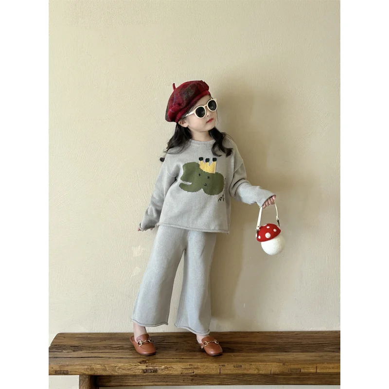 Girls sweater suit2024Autumn New Baby Girl Casual Two-Piece Suit Children Elephant Top Pants