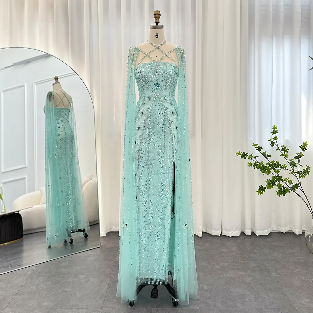 Luxury Heavy Beads Crystal Evening Dress With Cape Sleeves Sexy Criss Cross See-through High Side Slit Prom Dresses فستان سهرة