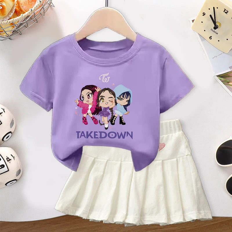 2 szt. K-pop Demon Hunters Spódniczka Koszulka Zestaw dla Dziewczynek Anime Kreskówka Śliczna Sukienka Top Komplet Dziecięca Letnia Moda Słodkie Spódniczki Prezent
