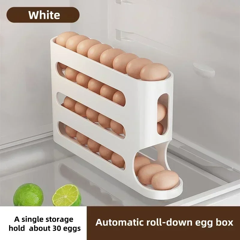 4 Layers Automatic Rolling Egg Holder Rack Large Capacity Organizer Storage Box for Refrigerator Egg Dispenser 30 Eggs