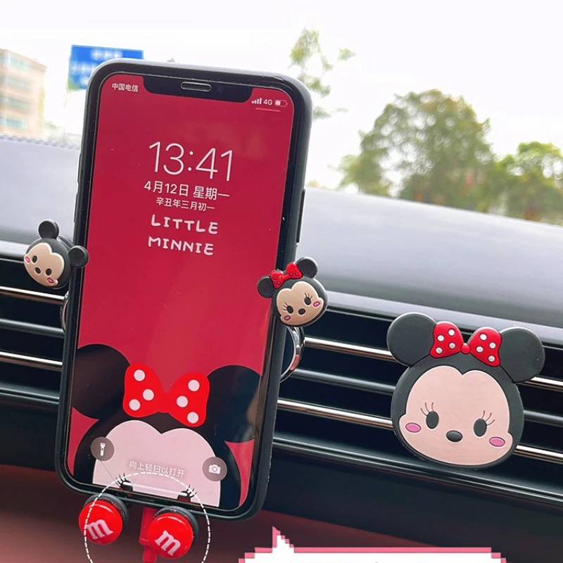 Disney-Soporte de teléfono móvil con dibujos animados para coche, adorno de Mickey y Minnie, salida de aire automática, accesorios de decoración bonitos