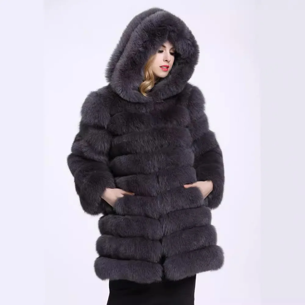 Luxe Winter Vrouwen Nepbont Jas Pluizige Bont Trim Kap Nertsen Bontjas Voor Vrouwelijke Jas Vos Haar Lange Zak Bontjas Voor Lady