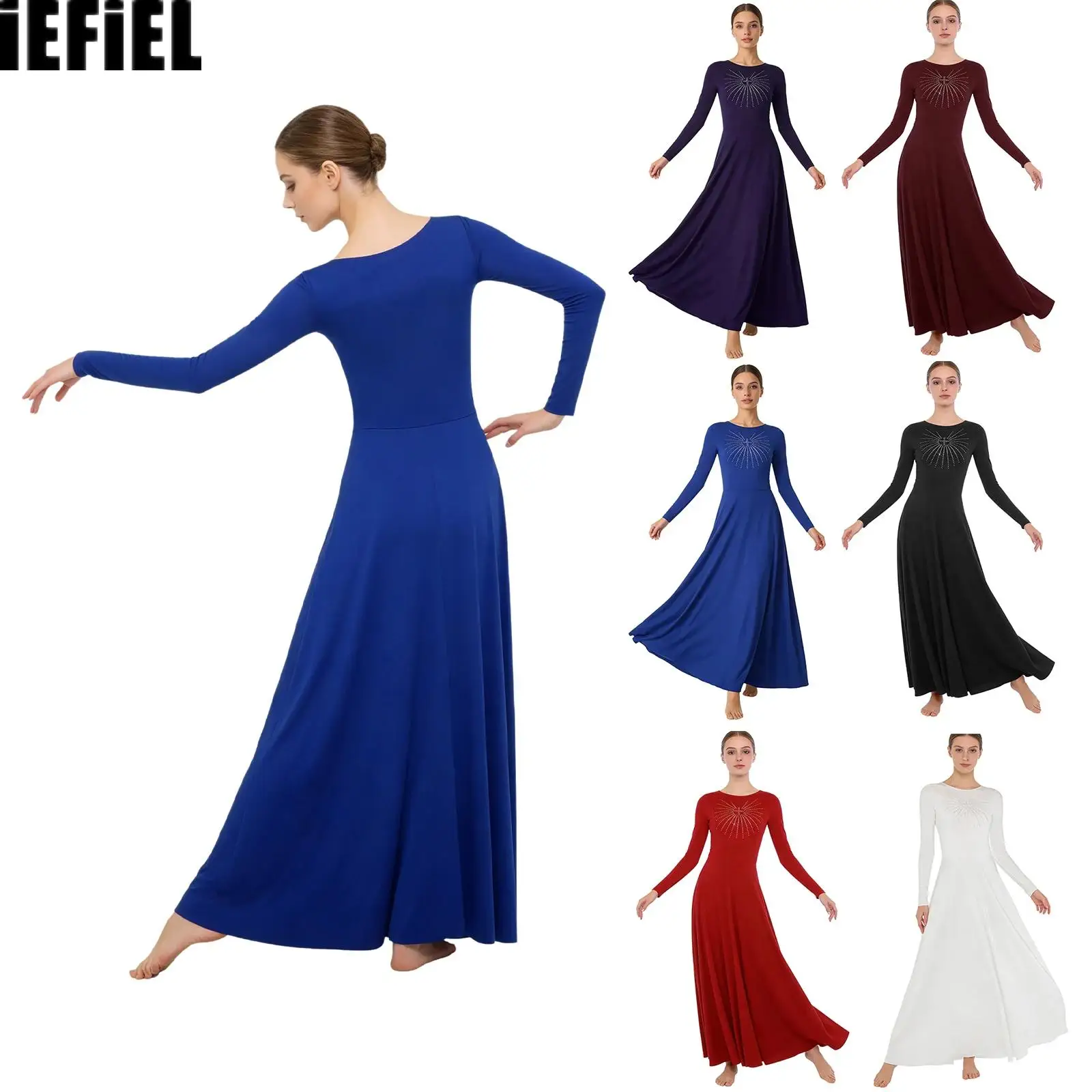 

Womens Lyrical Dance Dress Rhinestones Long Sleeve Crew Neck A-line Liturgical Maxi Dress Tunic Dress for Worship Pray Events