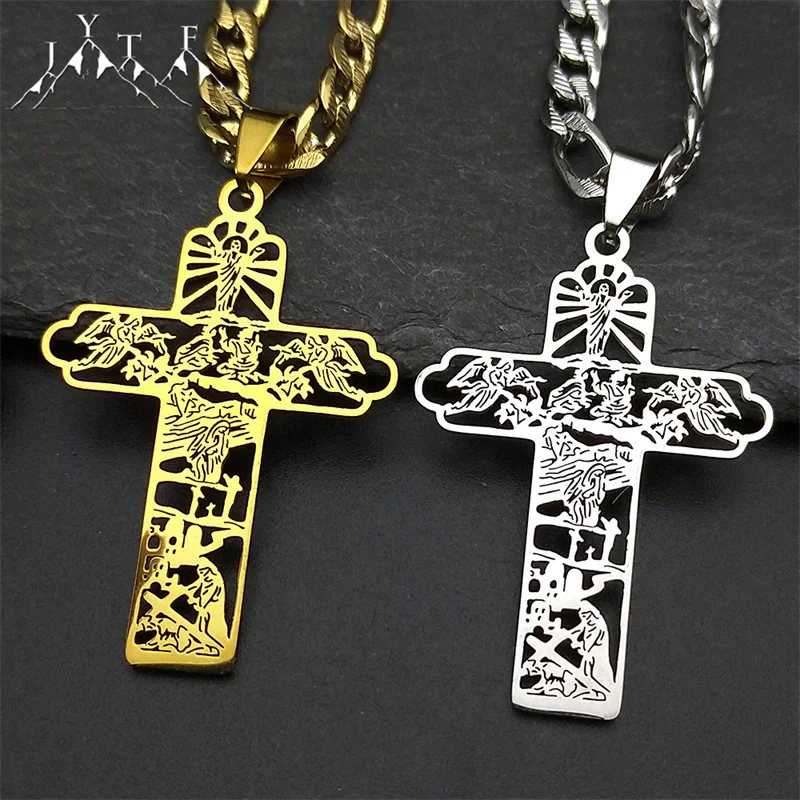 

Stainless Steel Christain Jesus Cross Pendant Necklace for Women Men Gold Color Hollow Amulet Hip Hop Pray Chain Jewelry Gift