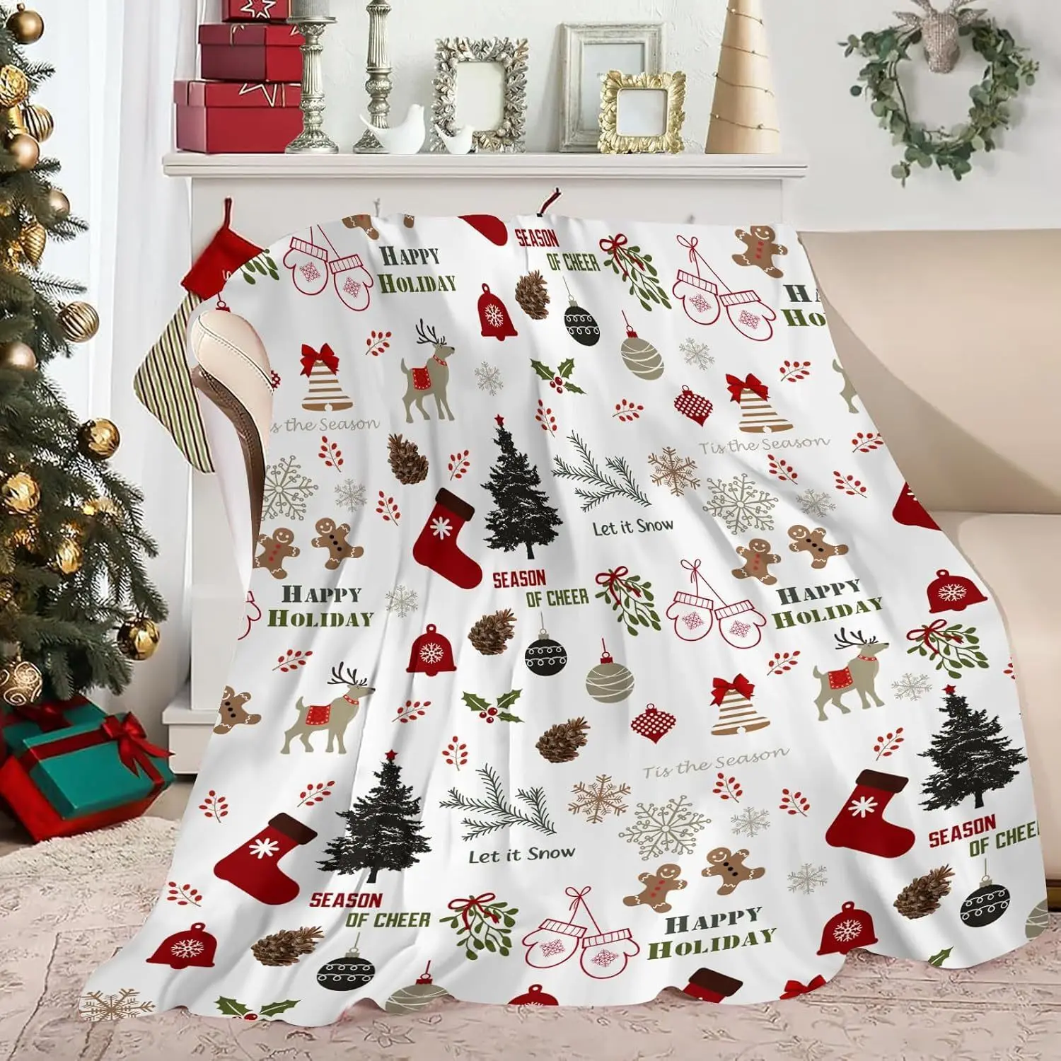 Pine Tree Snowflake Deer Gingerbread Throw Blanket Super Soft Warm Bed Blanket Christmas Holiday Decorative Flannel Blankets