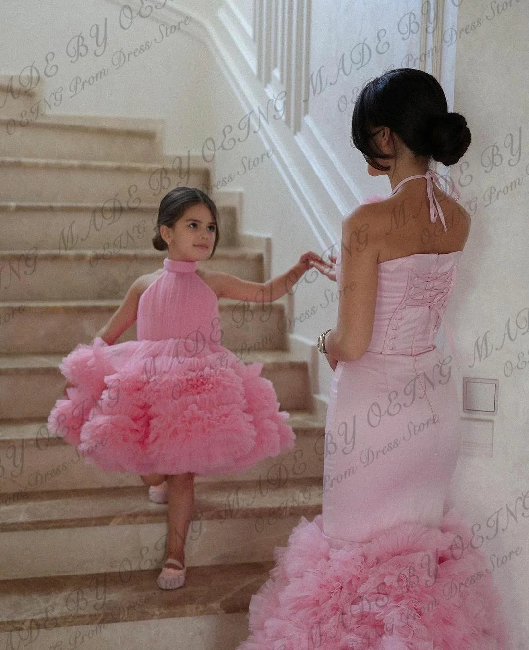 OEING Baby Pink Mother and Daughter Mermaid Dress Princess Photo Shoot Tiered Ruffles Tulle Dress Robe Summer Party Gowns