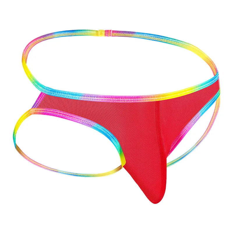

Мужские прозрачные сетчатые джокстрапы с эффектом объема, с радужной отделкой, двойными ремешками, стринги из ледяного шелка, прозрачные, для геев, с низкой посадкой, с эффектом подтяжки ягодиц, повседневные трусы
