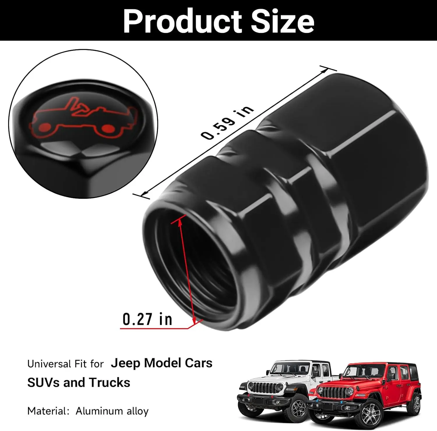 

Колпачки штока клапана шины из алюминиевого сплава для аксессуаров Jeep Wrangler, пыленепроницаемые, водонепроницаемые, комплект из 4 предметов, подходят для 0,453 дюйма Schrader