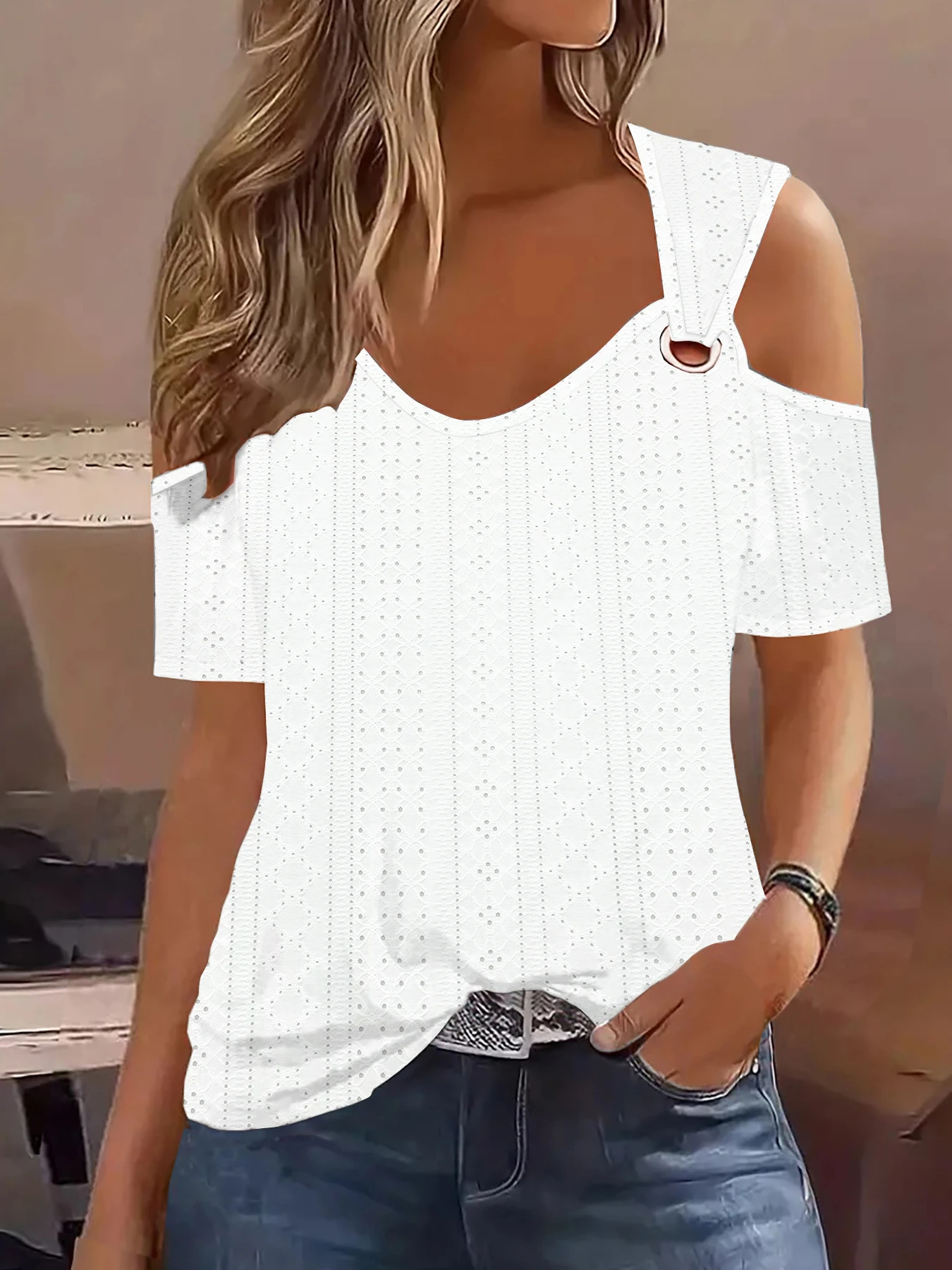 Women Fashion Metal Button Short Sleeve T-Shirts Casual Solid Color Knitted Pullover Tops Ladies Sexy Shirts Tops