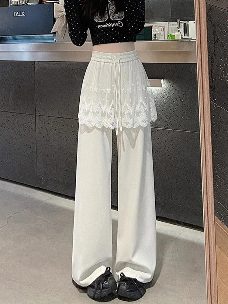 Zoete Kant Patchwork Broek Vrouwen Hoge Taille Leuke Casual Losse Broek Koreaanse Mode Zomer Elegante Chique Wijde Pijpen Broek Nieuw