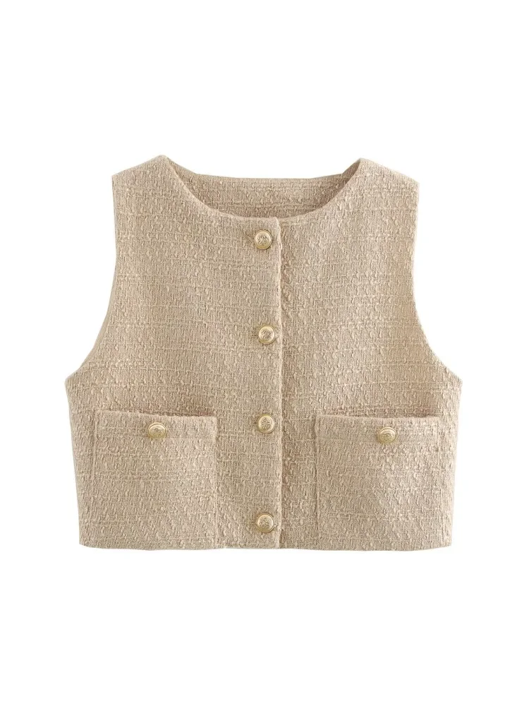 Dames Mouwloze Jassen Gouden Knoop Pocket Top Retro Effen Kleur Vest 2024 Lente Herfst Dames O-hals Losse Casual Vest