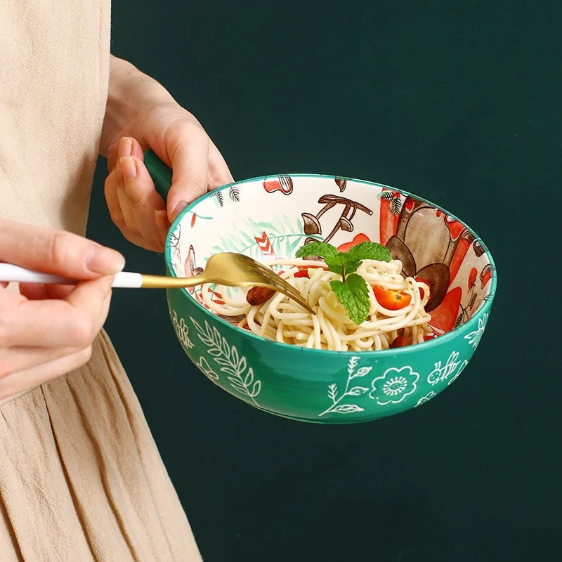 Japanese Style Ceramic Bowl with Handle Breakfast Noodle Fruit Bowl Forest Animal Design Dessert Soup Bowl Restaurant Home