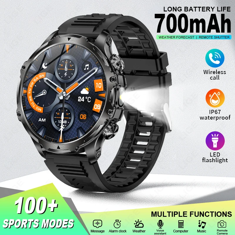 LIGE New 700mah Large Battery Outdoor Smart Watch Men Flashlight Military Watches 1.90'' HD Bluetooth Call Sports Smartwatch Man