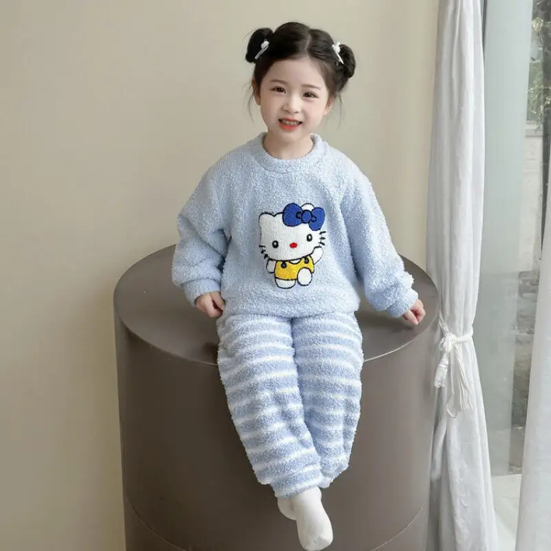 سانريو مرحبا كيتي البلوز منامة قطعتين مجموعة فتاة الخريف المرجان الصوف القمم السراويل الطفل kawaii أنيمي الكرتون ملابس منزلية جديدة #5