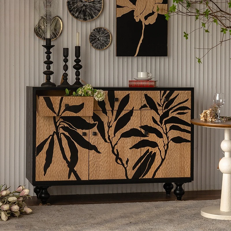 Wabi Sand Wind Home Combination Entrance Cabinet Solid Wood Carving Pattern Dining Side Cabinet Creative Furniture American Retr
