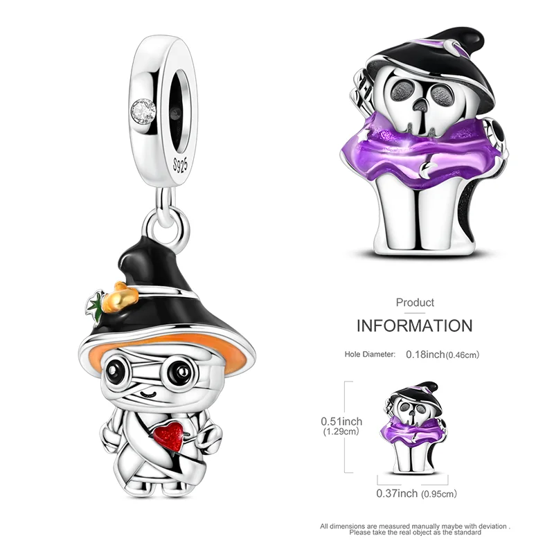 

925 Sterling Silver Mummy Charms Bead CZ Zircon Halloween Skull Paper Cup Dangle Fit Original Bracelet DIY Women Jewelry