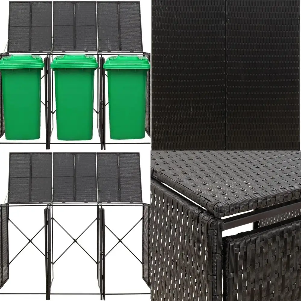 

Черный тройной навес для мусора на колесах, 81,5x31,5x46,1 Корпус для уличного мусорного бака из поли ротанга для заднего двора, сада, патио