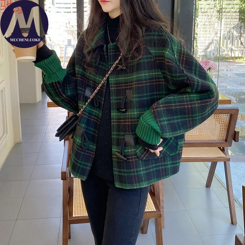 

Women's Jacket Autumn Winter New Elegant Grid DOLMAN SLEEVE Cashmere Wool Woolen Coat Korean Fashion Casual Loose Short Jacket