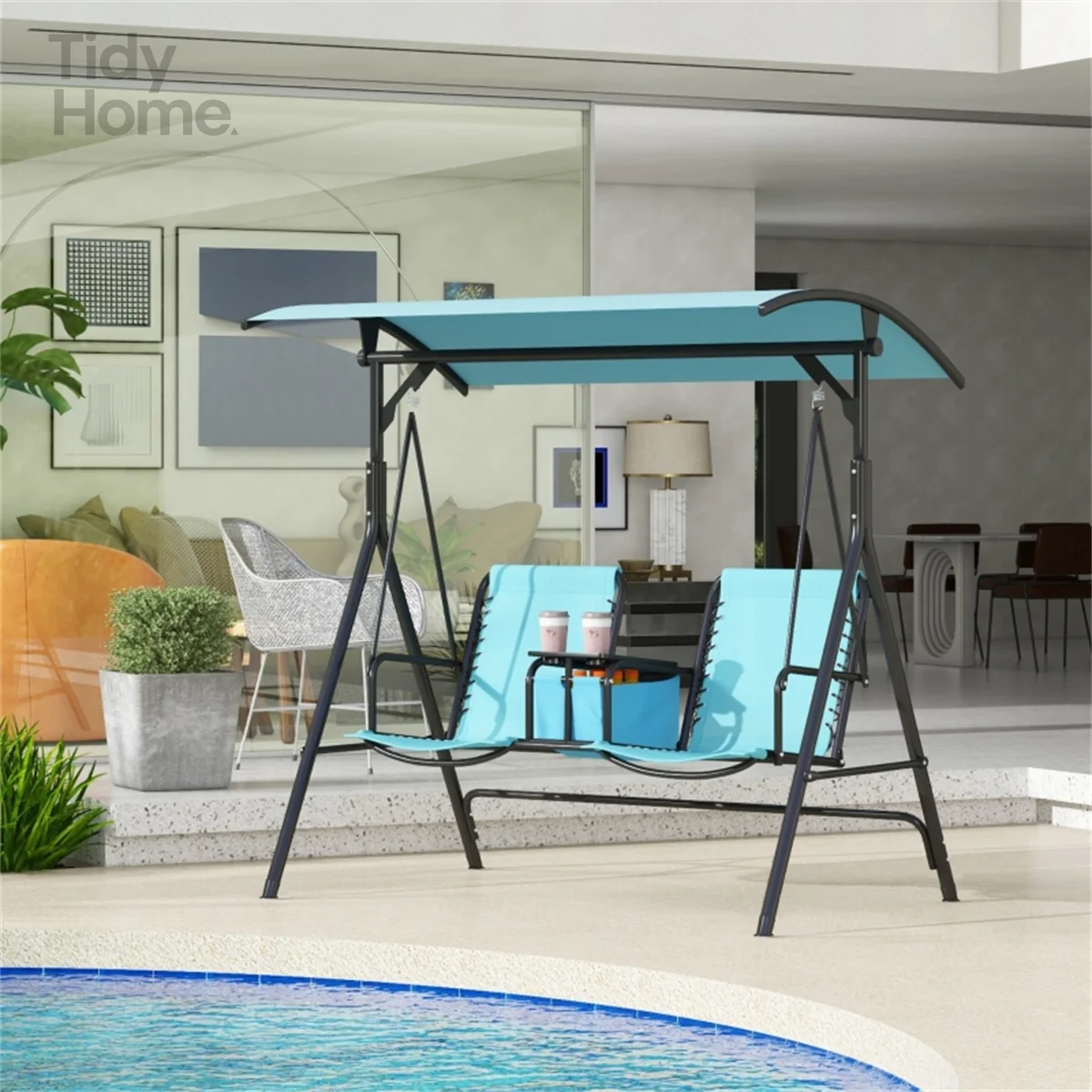 

2-Seat Patio Swing Chair, Outdoor Canopy Swing Glider with Pivot Storage Table, Cup Holder, Adjustable Shade, Bungie
