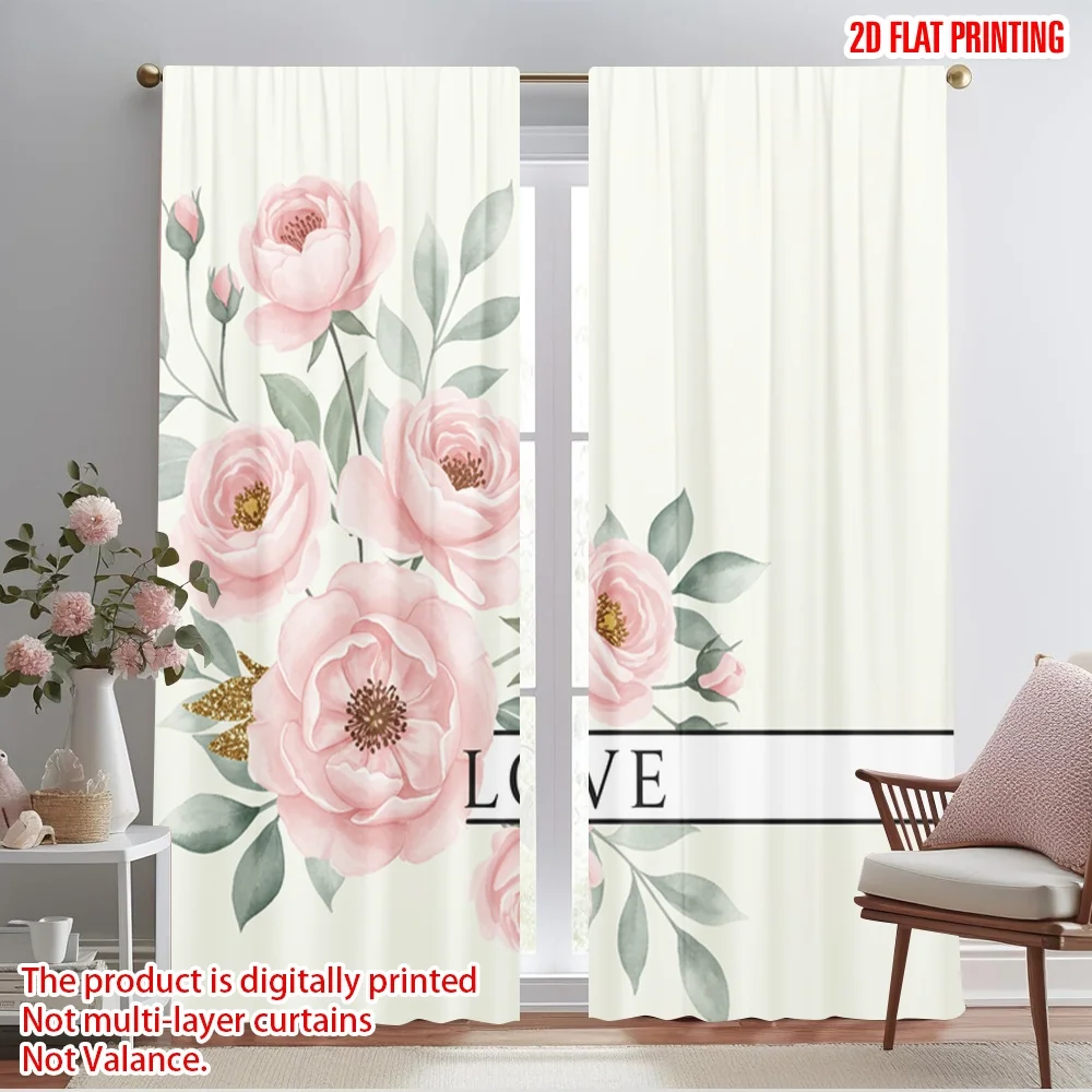 

2pcs 2D flat printing Curtains Pink Floral Love Journal 100% Polyester Without Electricity Holiday Decorations Perfect for