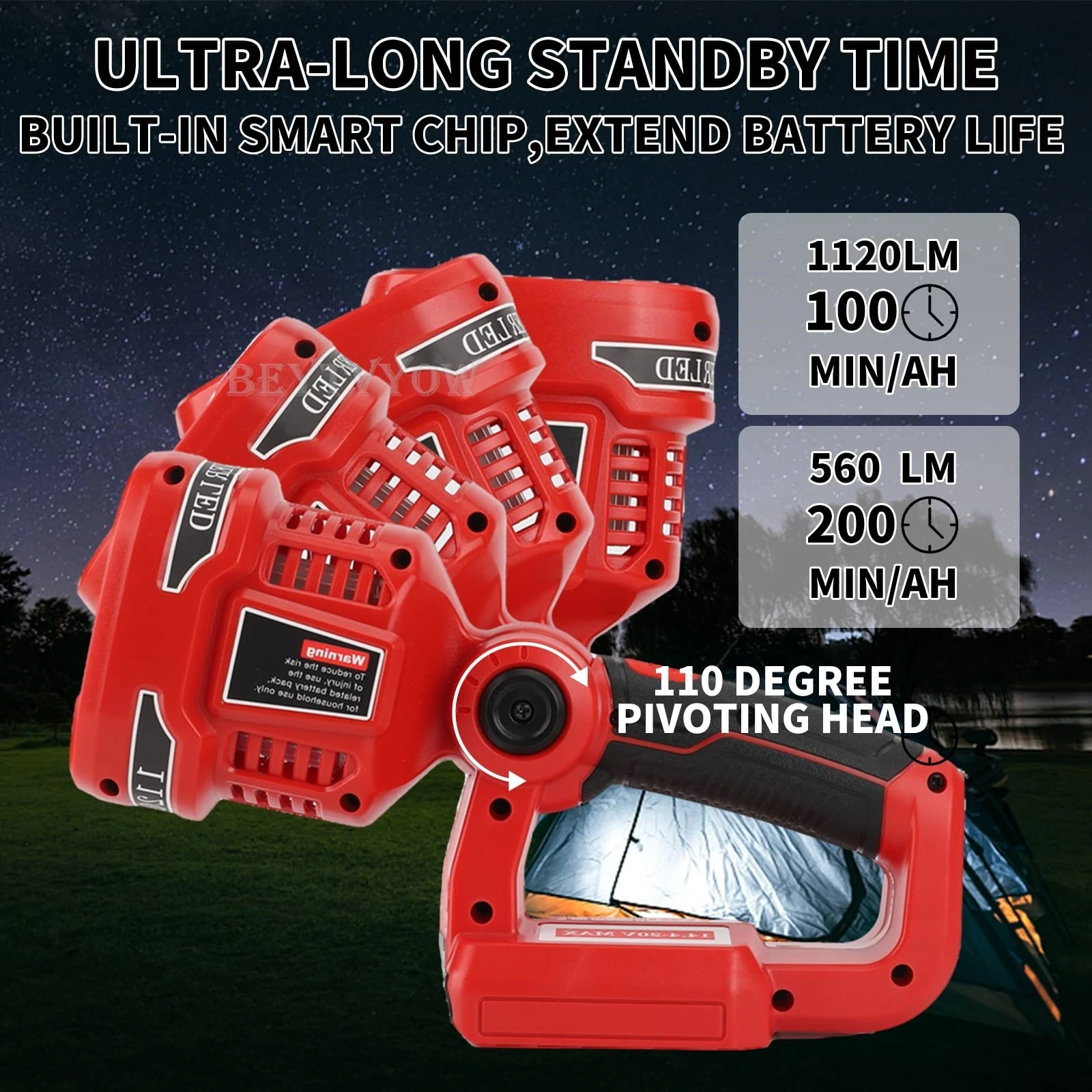 Lumière de travail LED sans fil 1120LM pour batterie artisan V20 12W lampe de poche rechargeable portable alimentée par batterie 20V avec port de charge USB 5V/2.1A 3 modes de lumière 110 ° tête pivotante pour réparation de voitures camping d'urgence