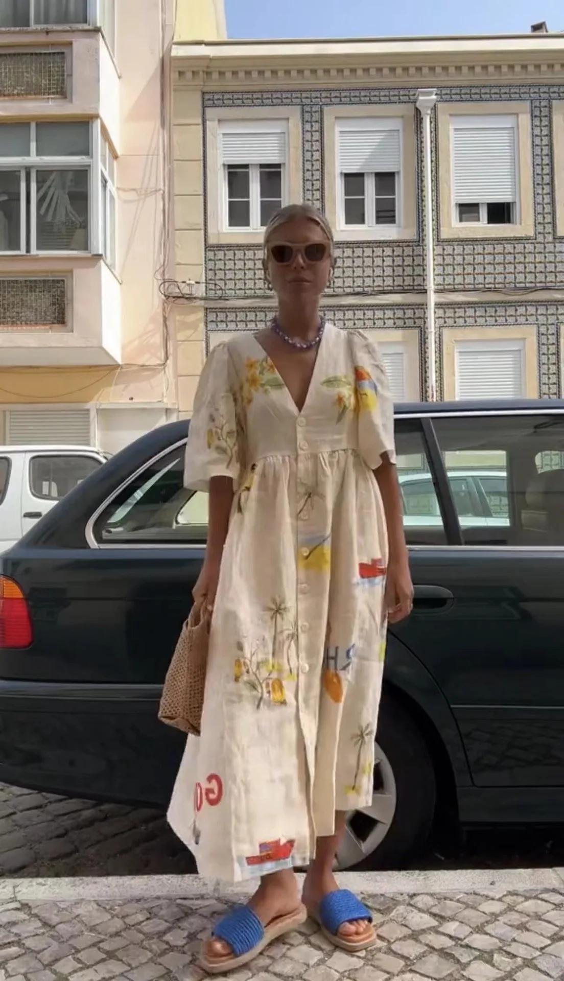 Elegant Printed Dress Women V Neck Puff Sleeve Loose Midi Female Dresses 2024 Summer Holidays Casual Lady Beach A-Line Vestidos