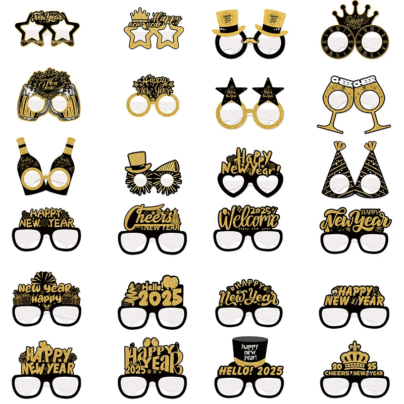 

6/12Pcs 2025 Happy New Year Photo Props Black Gold Paper Glasses Kids New Year Gift New Year's Eve Party Photo Booth Props