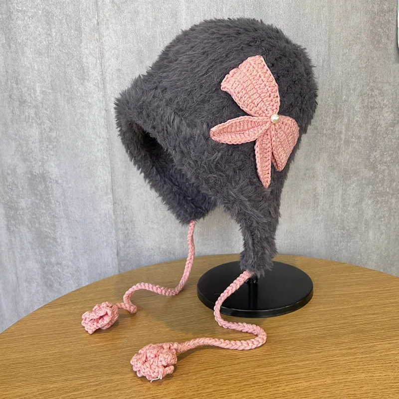 Winter Lovely Plush Knitted Woolen Hat Outdoor Warm Ear Protective Hat Woman 5