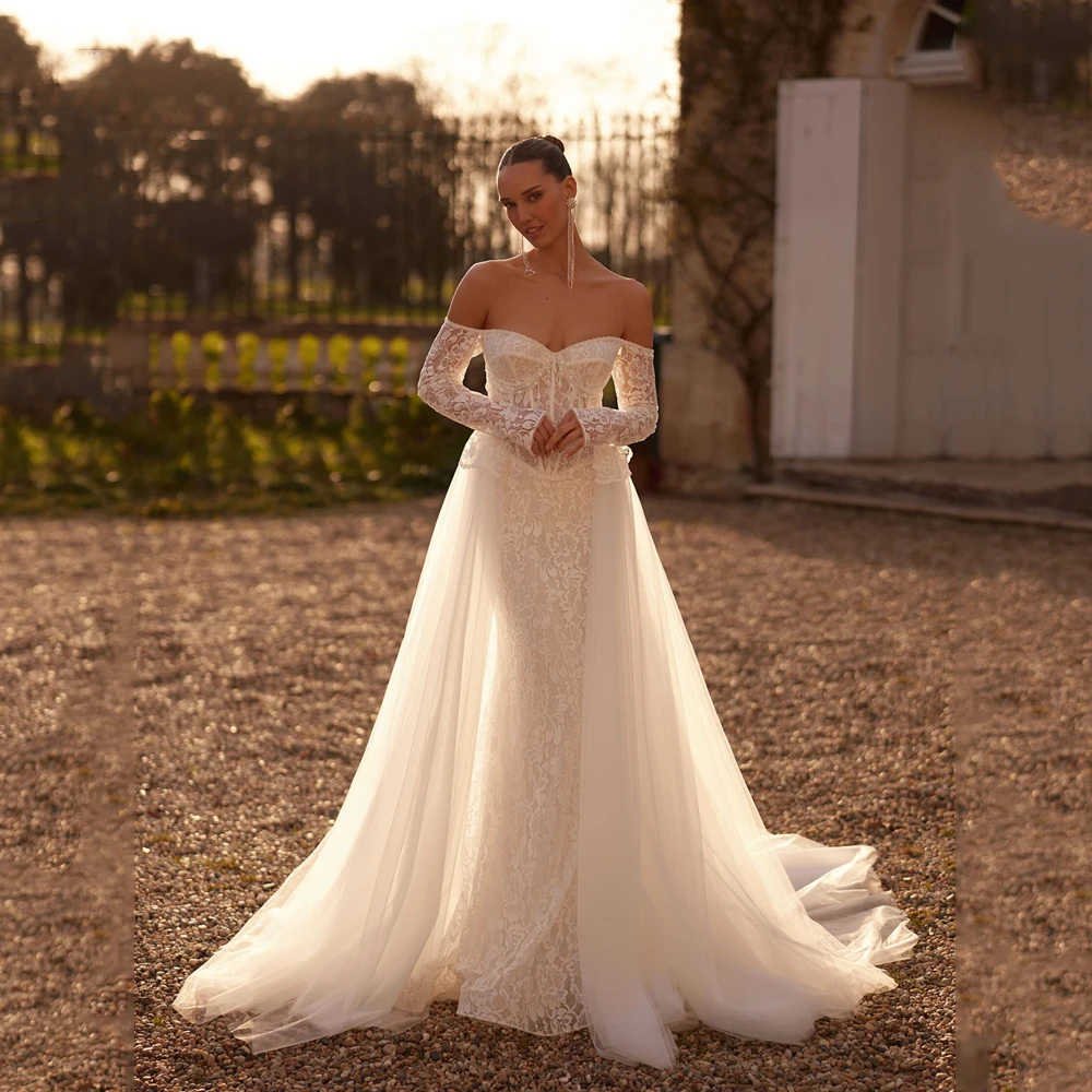 Lace Wedding Dresses Mermaid Bridal Dress Luxury Long Sleeve Sweetheart Detachable Train Off Shoulder robe de mariée Customized