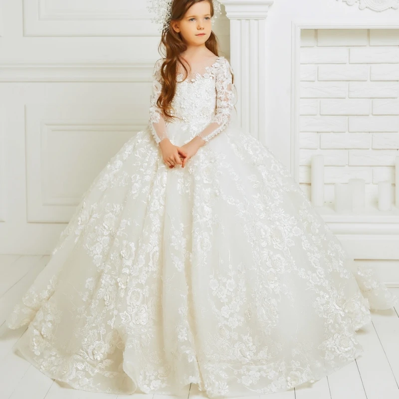 

Luxurious Long Sleeve Flower Girl Dresses For Wedding Prom Party Girls Pageant Gowns Lace Floral Appliques For Elegant Girl