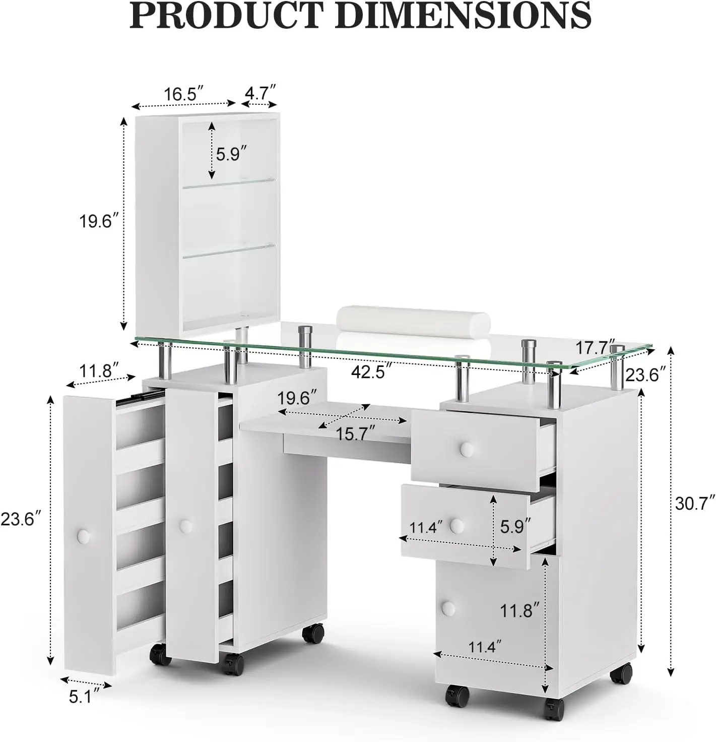 Manicure Table, Glass Top Nail Tech Table Nail Desk Station for Nail Tech w/Shelves, Wrist Cushion, Lockable Wheels, Storage