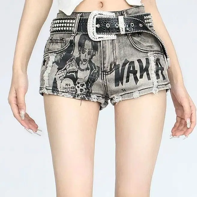 Pantalones cortos de cintura baja para mujer, Vaqueros rasgados con estampado de Anime Vintage, diseño delgado, estilo Retro americano, Verano