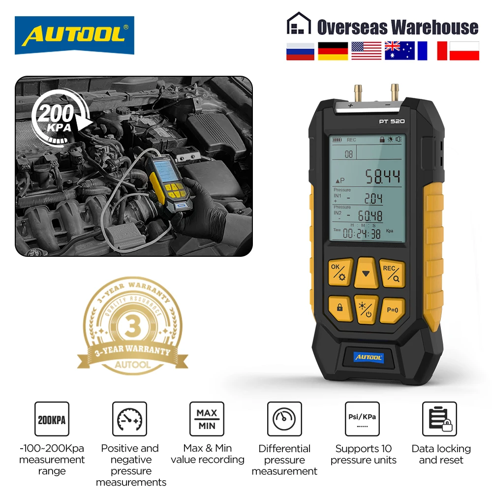 AUTOOL PT520 Manometer Gas Pressure Tester Differential Dual Port Pressure Gauge -100 to 200Kpa Vacuum Gauge Monitoring 512A