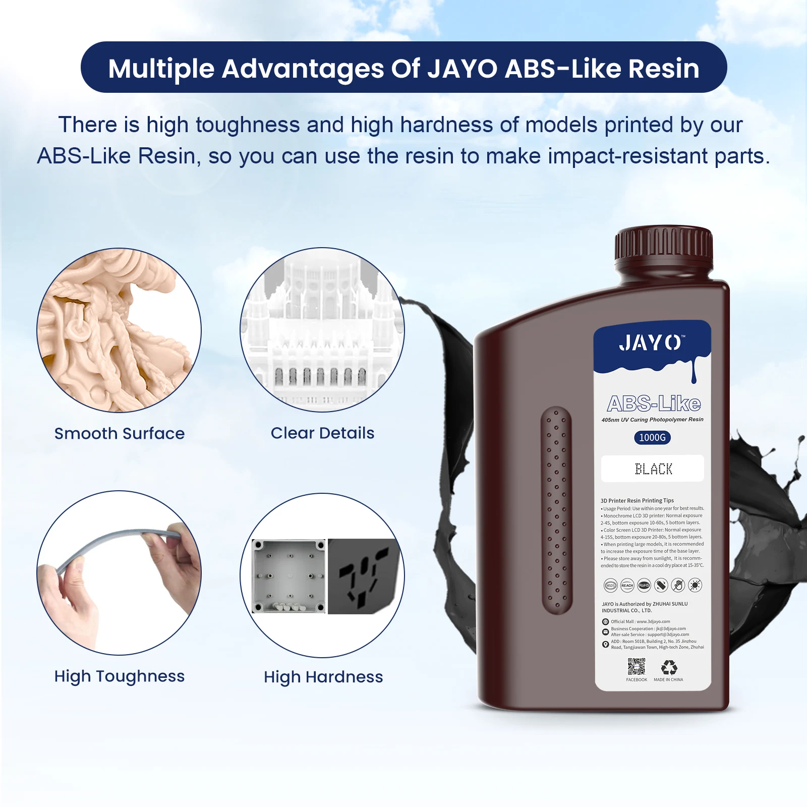 JAYOABS-Like/ Standard/PA-Like/High Temp/Though 3D Printer Resin 10KG 395-405nm UV Curing Photopolymer Rapid Resin for LCD/DLP
