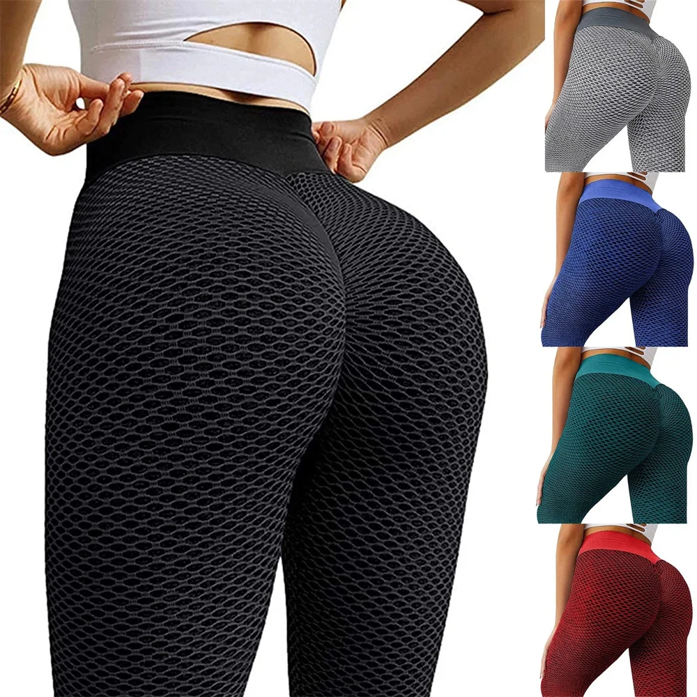 Mulheres cintura alta Jacquard favo de mel bolha Leggings, Yoga calças apertadas, sem costura, moletom elástico, esportes, ginásio Legging